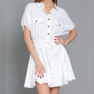 AAKAA WHITE SHORT SLEEVE DRESS BUTTON FRONT DRAWSTRING WAIST WOMENS SMALL